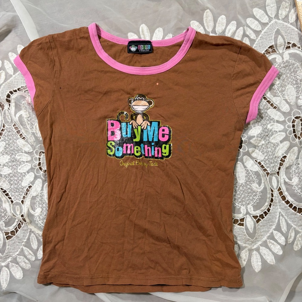 Rare Bobby Jack Vintage Y2K Ringer Tee Brown Pink Buy Me Something Monkey